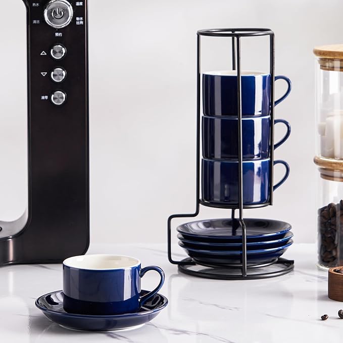 4oz Porcelain Stackable Espresso Cups with Saucers and Metal Stand Set of 4, Stackable Cappuccino Cups, Blue Expresso Shots Cup Set for Coffee Drinks, Latte, Americano, Tea