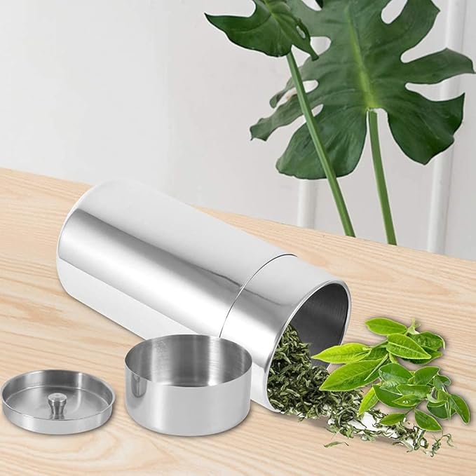 AUNMAS Tea Tin Canister, Stainless Steel Tea Coffee Sugar Storage Container with Airtight Double Lids for Loose Tea and Tea Bags, Kitchen Cup for Coffee Sugar Seasoning Storage (450ml)