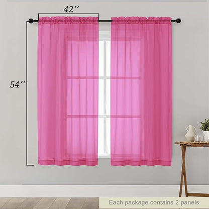Hot Pink Sheer Curtains for Bedroom Living Room 54 Inch Length 2 Panels Set - Image 2