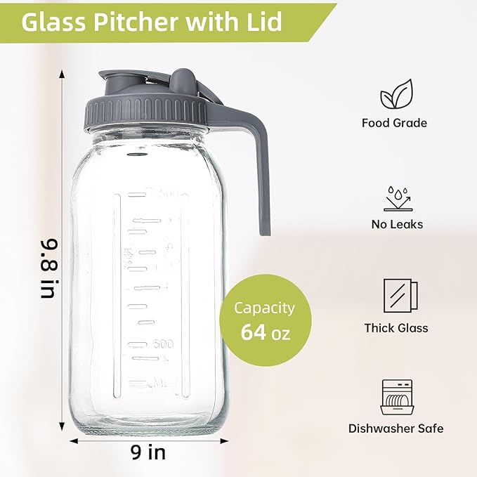 Cold Brew Maker with V-Spout, 2 Quart (64oz) Glass Pitcher with Lid, Easy Pour Breast Milk Pitcher for Iced Tea, Cold Brew Coffee, Milk and Water - Grey