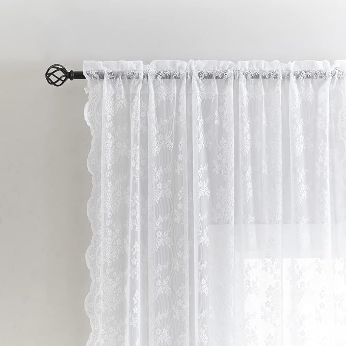 YJ YANJUN Vintage Lace Curtains 90 Inches Long- Elegant Floral White Sheer - Image 4