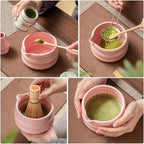 8 Pcs Matcha Set - Ceramic Bowl, Bamboo Whisk with Holder, Canister, Sifter, Schima Spoon, Spoon Rest and Tea Towel, Complete Kit for Traditional Matcha and Modern Lattes (Pink)