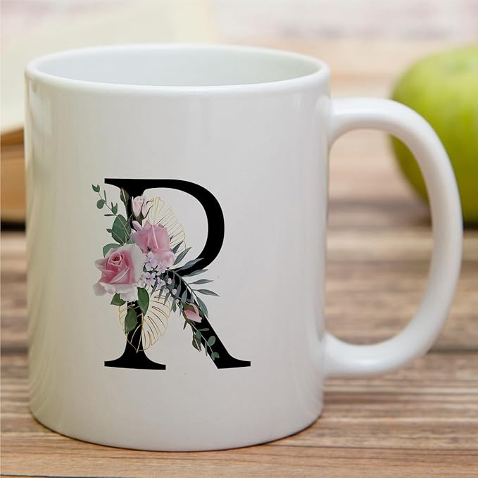 Retreez Initial A-Z Floral Botanical Bouquet Alphabet Monogrammed Monogram Mug 11 Oz Ceramic Tea Coffee Mugs - Appreciation Thank You Wedding Birthday Gifts for her friend coworker sister - R Initial