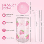 Strawberry 16 Oz Can Glass Tumbler with Acrylic Lid and Straw - Iced Coffee Cups for Women, Aesthetic Glass Cup Gift for Birthday Christmas