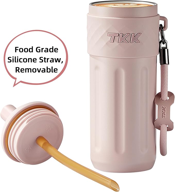 TKK 17 OZ Travel Tumbler Ceramic Lining with Straw Lid, Stainless Steel Vacuum Insulated Double Wall Coffee Tumbler, Leak Proof Iced Water Bottle with Carry Strap for Hot & Cold Drinks, Pink