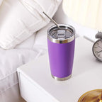COMOOO 20oz Double Wall Vacuum Insulated Travel Mug, Stainless Steel Tumbler with Lid and Straw Durable Powder Coated Insulated Coffee Cup for Cold & Hot Drinks (Purple. 2 Pack