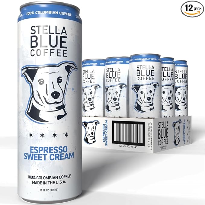 Stella Blue Espresso Sweet Cream Latte, 100% Colombian Coffee, 190mg Natural Caffeine, Good Source of Protein, Ready-to-Drink Coffee Energy Beverage, 11oz Can, 12 Pack