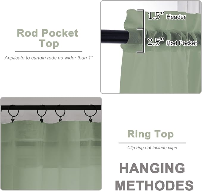 Sheer Sage Green Curtains, Sheer Curtains 63 inch Length 2 Panels Set, Rod - Image 3