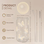 SANDJEST Butterfly Glass Can, Iced Coffee Aesthetic,Cup, Gifts for Christmas Birthday, Gift for Women Girls, 16oz