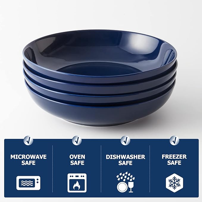 Y YHY 9.75" Large Pasta Bowls, 50 Ounces Big Salad Bowls, Ceramic Serving Bowl Set of 4, Blue