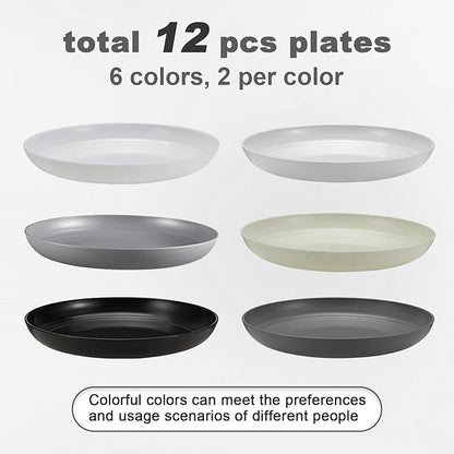 12 Pcs Unbreakable Deep Dinner Plates Set, 9 inch Reusable Plastic Wheat Straw Plates, Microwave and Dishwasher Safe Plate for Kitchen, Lightweight Plate for Dessert, BPA Free, 6 Colors