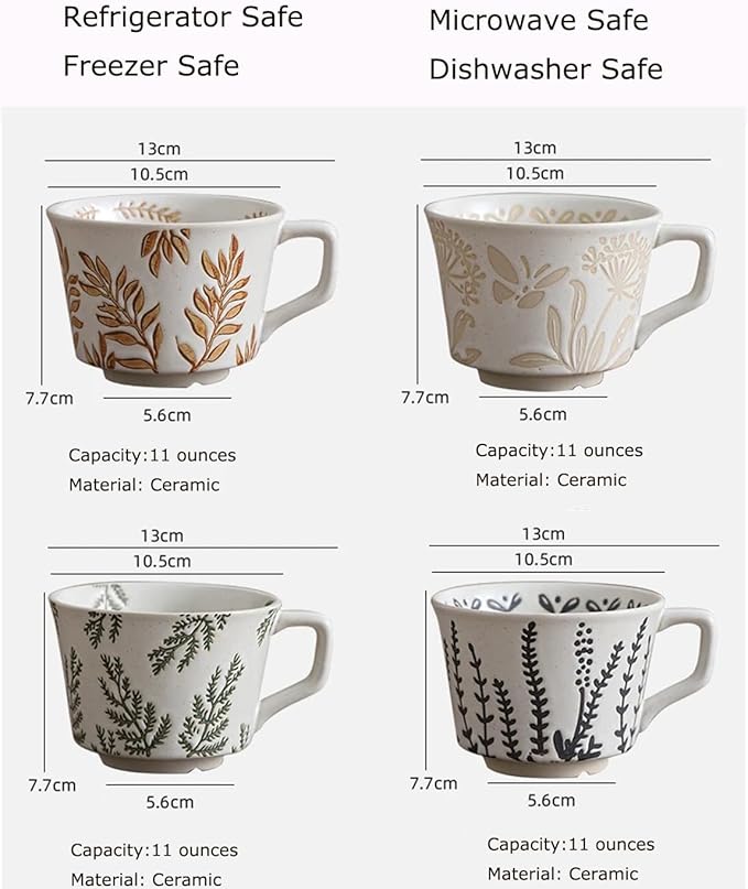 Ceramic Mug Set of 4 with Coffee Spoon, 11oz - Vintage Coffee Mug Cups for Coffee Milk Latte Cappuccino Tea, Porcelain Coffee Cups Dishwasher Microwave Freezer Safe Stoneware