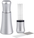 WDT tool, Espresso Distribution tools, 10 x 0.35mm 304 Stainless Steel Needles Installed with 10 Extra needles for Espresso Stirrer Replacement, Aluminum Alloy Handle with Stand (Matte Silver)