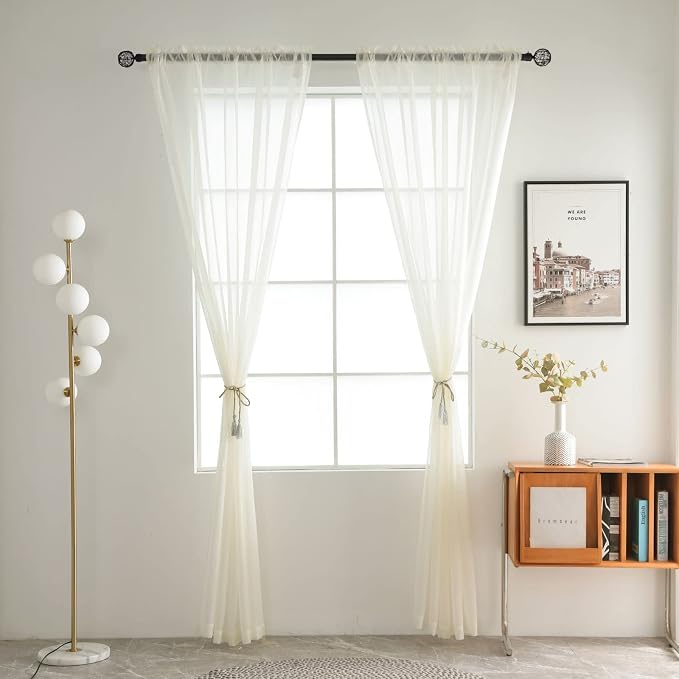 SpaceDresser Basic Rod Pocket Sheer Voile Window Curtain Tiers Ivory 2 Panels - Image 2