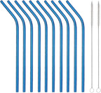 10 Pcs Stainless Steel Straws, Reusable Drinking Straws, Bent Metal Straw Sets with 2 Pcs Cleaning Brushes (Blue, 10.5 Inch)