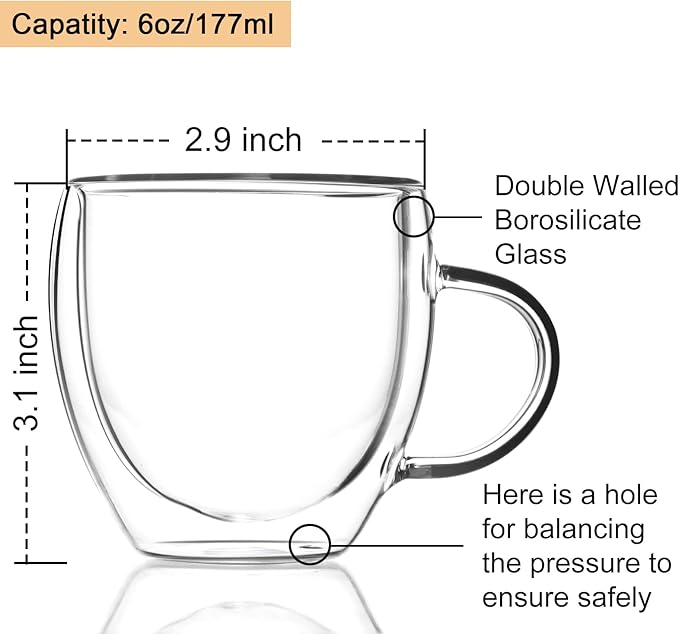 ZONEYILA Double Wall Glass Coffee Mugs Set of 4-6 OZ Insulated Coffee Cups - Clear Glass Drinkware with Handle for Double Espresso, Cappuccino, Latte, Hot/Cold Beverages