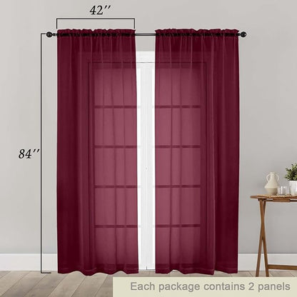 Burgundy Sheer Curtains 84 Inches Long 2 Panels Set - Image 2