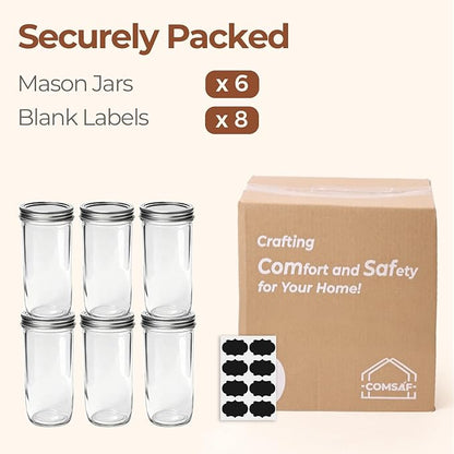ComSaf 24 oz Mason Jars Wide Mouth 6 Pcs, Large Canning Jars with Seal Bands, 24 oz Glass jar with Lid for Jam, Sauce, Juice, Coffee, Pickling, Fruit, Dessert, Kitchen Storage, Vanilla Extract