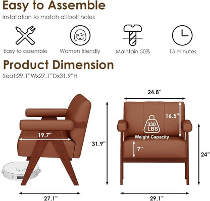 STHOUYN Brown Leather Accent Chairs Set of 2, Mid Century Modern Chair Set of 2 - Image 2
