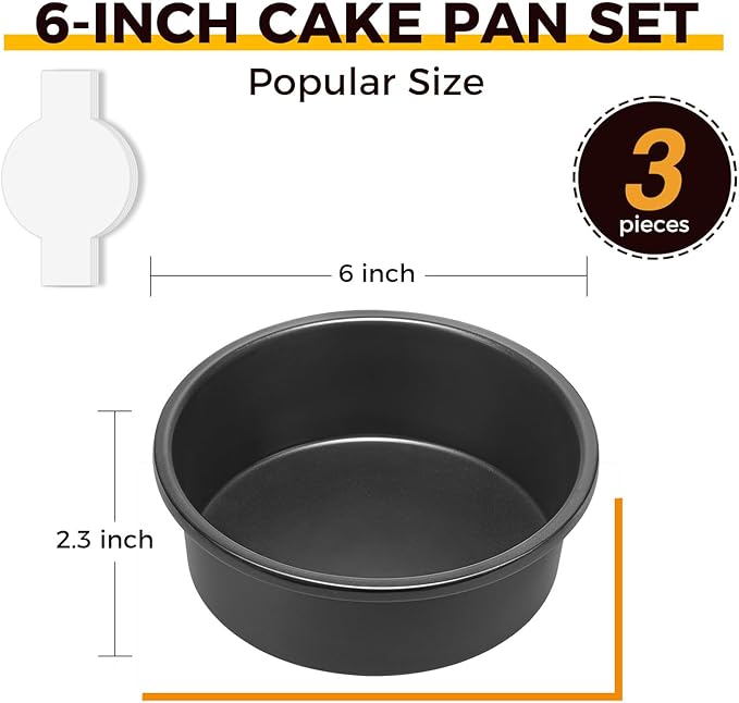 HONGBAKE 6 Inch Round Cake Pan Set for Baking with 30 Pieces Parchment Paper, Nonstick Deeper Circle Cake Pans with Wider Grips, 3 Pieces Layer Cake Tin, Cheesecake Mold, Huty Duty - Grey