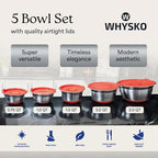 WHYSKO Stainless Steel Mixing Bowls with Lids Set - 5 Rustproof Metal Nesting Mixing Bowls for Kitchen, Meal Prep, Baking, Cooking, Storage - Includes 3 Grater Attachments, Dishwasher Safe