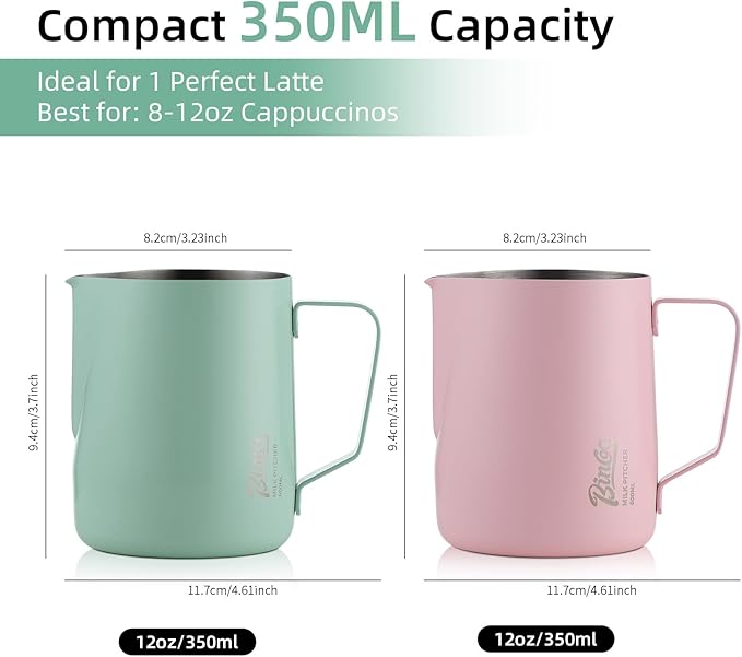 Pink Milk frother - 350ml/12OZ Milk Frothing Pitcher, Milk Frother Cup Espresso Steaming Pitcher for Barista, Bincoo 304 Stainless Steel Espresso Steaming Pitchers for Latte Art/Cappuccino/Coffee/Milk