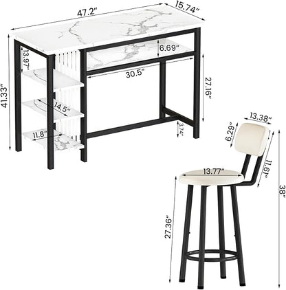 AWQM 3-Piece Bar Table and Chairs Set, Modern White Faux Marble Table - Image 2