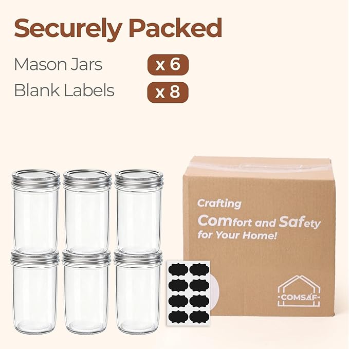 ComSaf 12 oz Mason Jars with Lids 6 Pcs, Regular Mouth Canning Jars with Seal Bands, 12 oz Glass Jar with lid for Soft Drinks, Juice, Jam, Jelly, Sauce, Dessert, Overnight Oats, Pickles