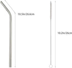 10 Pcs Stainless Steel Straws, Reusable Drinking Straws, Bent Metal Straw Sets with 2 Pcs Cleaning Brushes (Silver, 10.5 Inch)