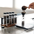 watchget Coffee Bean Storage Tubes Single Dose Coffee Bean Cellars 8 Pcs with One-way Exhaust Valve Sealed Airtight Coffee Bean Storage Jars with Hopper, Wooden Display Stand, A