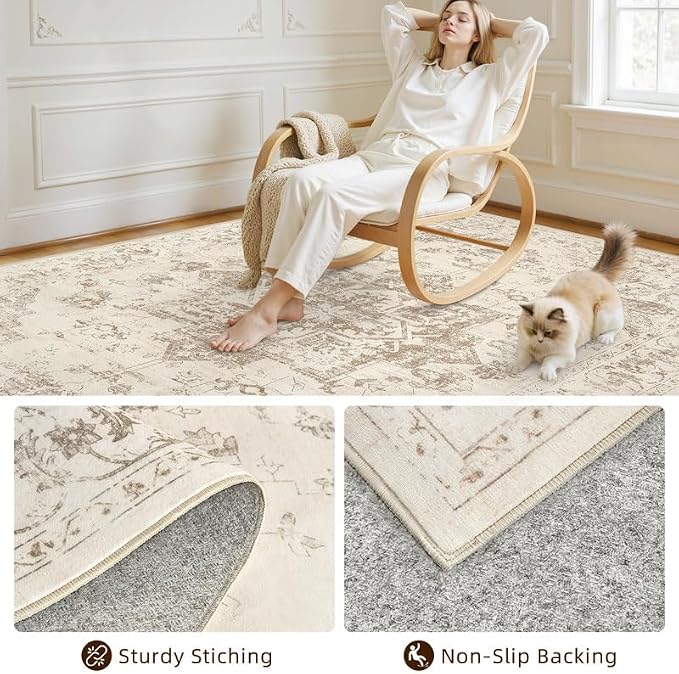 Round Area Rug Living Room: 6ft Washable Carpet Beige/Ivory | Vintage Boho - Image 7