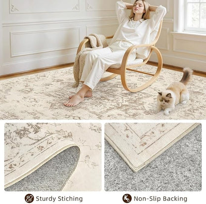 Washable Area Rugs 2x3: Living Room Bedroom Carpet Beige/Ivory | Vintage Boho - Image 7