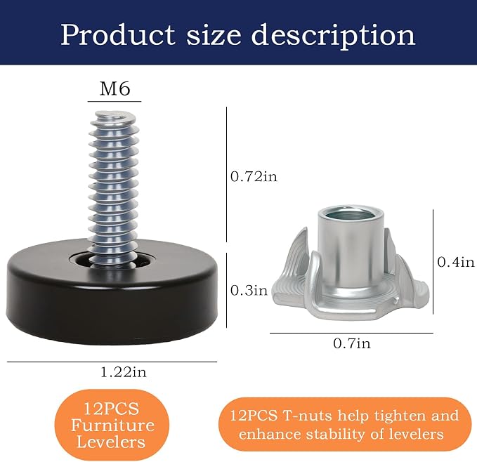 12 PCS M6 Thread Furniture Feet Levelers, Adjustable Furniture feet, Leveling - Image 2