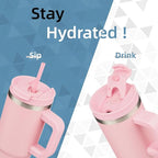 40 oz Tumbler with Handle and 2 Straws,2 in 1 Lid Insulated Water Bottle Stainless Steel Travel Coffee Mug,Pink