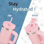 30 oz Tumbler with Handle and 2 Straws,2 in 1 Lid Insulated Water Bottle Stainless Steel Travel Coffee Mug,Pink