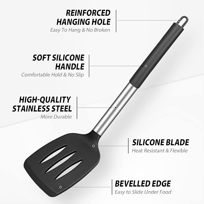 2 Pack Silicone Spatulas Turners, Stainless Steel Cooking Utensils BPA Free,Heat Resistant,Non Stick,Rubber Spatulas for Fish, Eggs, Pancakes, WOK, Black