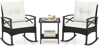 Tangkula 3 Pieces Outdoor Rocking Chairs Set, Rattan Heavy Duty Cushioned by TANGKULA