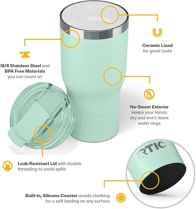 RTIC 20oz Essential Tumbler with Lid, Insulated, Stainless Steel, Metal, Double Wall Vacuum-Insulation, Ceramic Lined, Travel Cup for Iced Coffee, Tea, Hot and Cold Drink, Fresh Mint