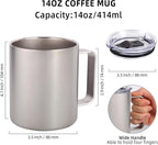 Volhoply 14oz Insulated Stainless Steel Coffee Mug with Lid Bulk 2 Pack,Double Wall Vacuum Travel Coffee Cup with Handle,Reusable Metal Cups Tumbler,Camping Mugs Keep Hot,Ideal Gifts(Silver,2)
