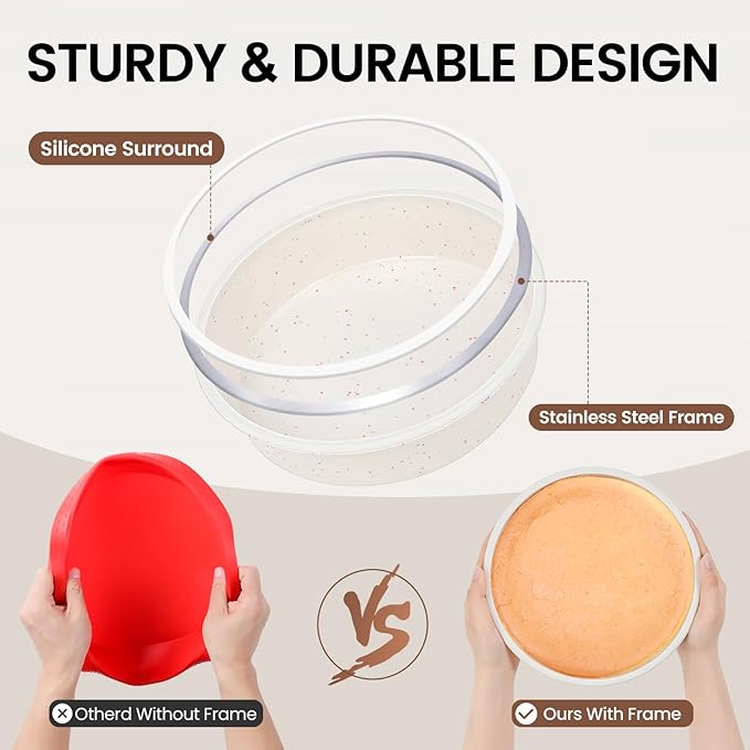 Vinino 8 Inch Silicone Round Cake Pan with Metal Reinforced Frame, Nonstick Silicone Springform Pan for Baking Suitable for Making Layers, Cheese & Chocolate Cakes