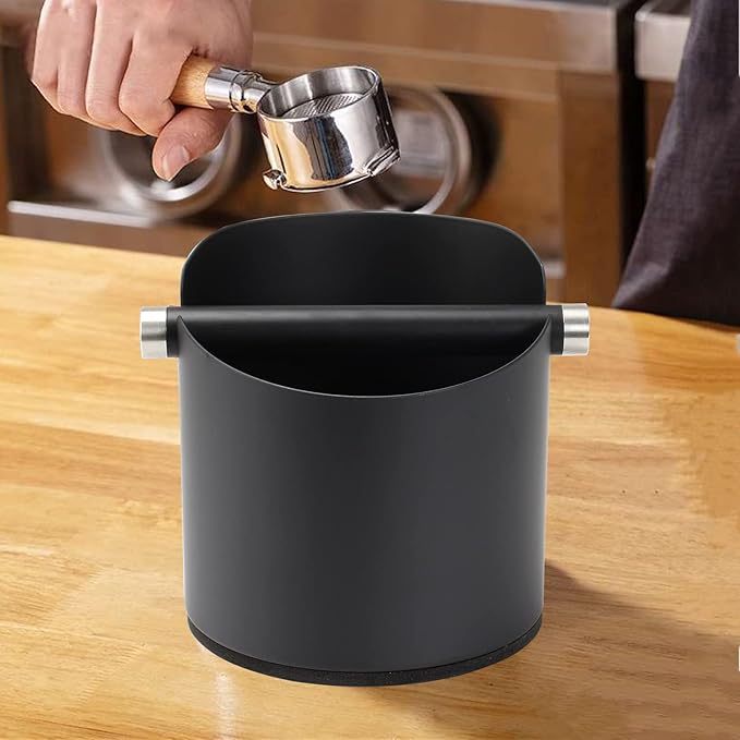 Large Size Coffee Knock Box, Espresso Knock Box Stainless Steel Espresso Machine Accessories with Removable Knock Bar and Non-Slip Base Coffee Grounds Container Bin (Black)