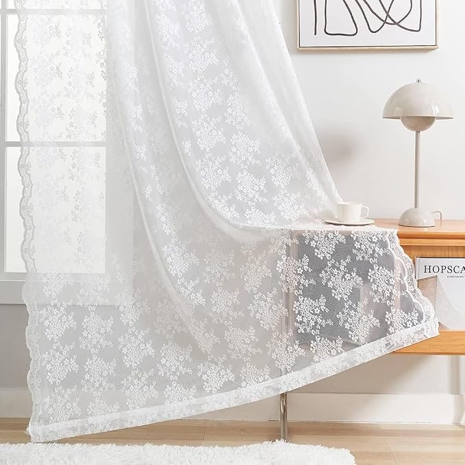 YJ YANJUN Vintage Lace Curtains 102 Inches Long-Victorian Floral Pattern Boho - Image 4