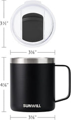 SUNWILL Travel Coffee Mug with Lid, Insulated Tumbler with Handle, 14oz Stainless Steel Cup for Camping, Outdoor, Powder Coated Black