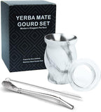 LA FEE Yerba Mate Natural Gourd/Tea Cup Set Brown (Original Traditional Mate Cup - 8 Ounces)，Includes Yerba Mate Straw & Cleaning Brush，Stainless Steel | Double-Walled | Easy to Clean (White)