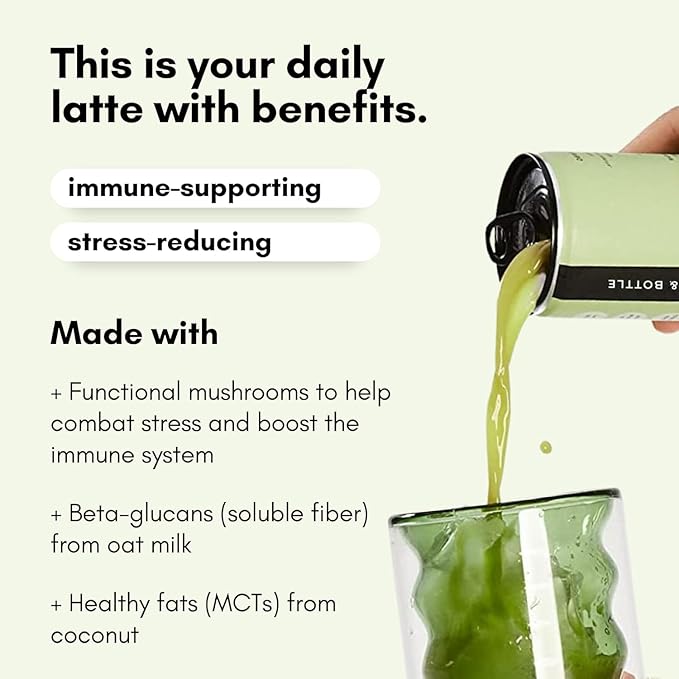 Pop & Bottle, Classic and Matcha Oat Milk Lattes - Reishi and Maitake Mushrooms, Green Tea, Cold Brew, Coffee Berry, MCT Oil, Organic, Dairy & Gluten Free, Vegan - 8 Fl Oz, (Pack of 12), 6 Each
