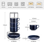 YOLIFE 8oz Porcelain Stackable Cappuccino Cups with Saucers and Metal Stand Set of 4, Coffee cups for Espresso, Specialty Coffee Drinks, Latte, Americano and Tea - Blue