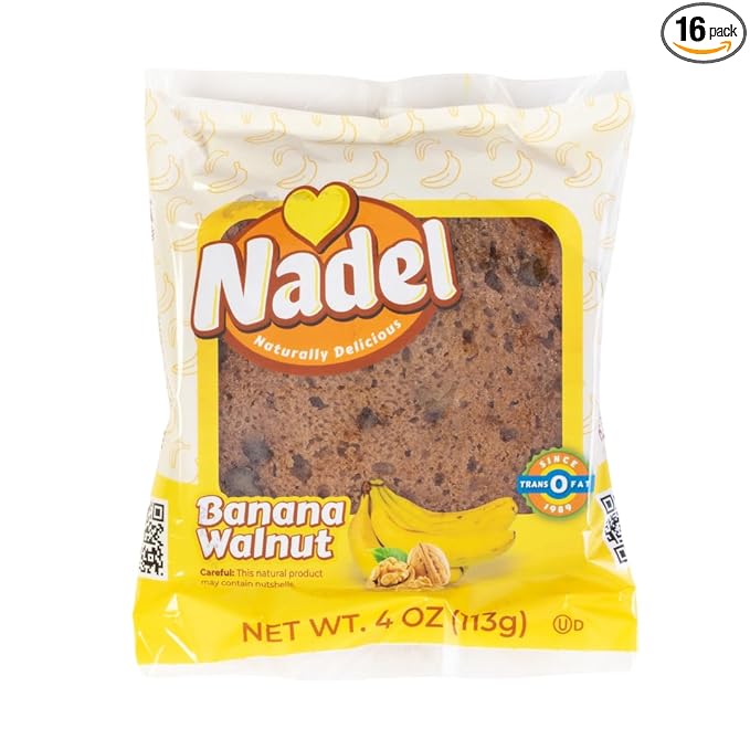Nadel - Naturally Delicious Banana Nut bread, 16 Pack, Fresh Bananas, Crunchy Walnuts, Lunch snack breakfast bars Natural fresh brand, Cake Slices