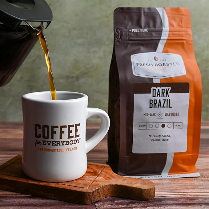 Fresh Roasted Coffee, Dark Brazil, 12 oz, Med-Dark Roast, Kosher, Whole Bean