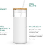 Tronco 20oz Glass Tumbler Glass Water Bottle Straw Silicone Protective Sleeve Bamboo Lid - BPA Free (White Black)