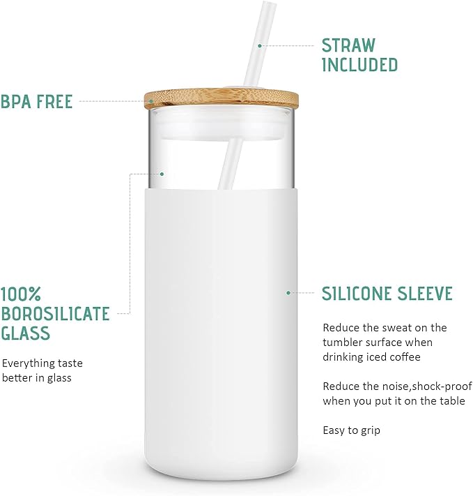 Tronco 20 oz Glass Tumbler with Lid and Straw, Reusable Iced Coffee Cup with Silicone Sleeve & Bamboo Lid, Smoothie Cup for Home,Office, for Father Men Day Gift from Wife Daughter Son (Blackish Green)